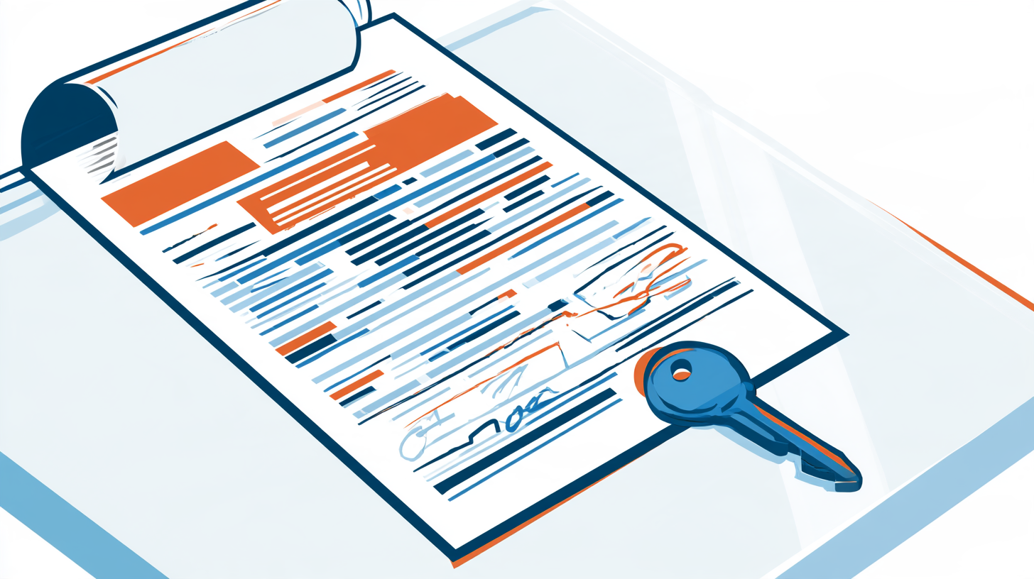A title document and a key resting on a desk.